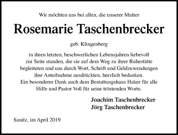 Traueranzeige von Rosemarie Taschenbrecker von Ostsee-Zeitung GmbH