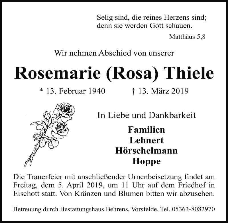  Traueranzeige für Rosemarie Thiele vom 30.03.2019 aus Aller Zeitung