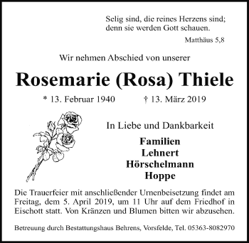 Traueranzeige von Rosemarie Thiele von Aller Zeitung