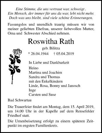 Traueranzeige von Roswitha Rath von Lübecker Nachrichten