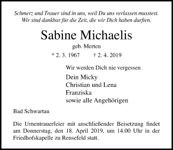 Traueranzeige von Sabine Michaelis von Lübecker Nachrichten