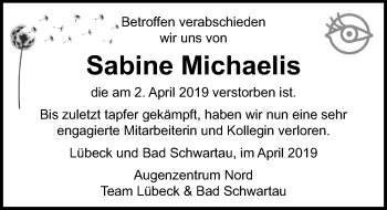 Traueranzeige von Sabine Michaelis von Lübecker Nachrichten