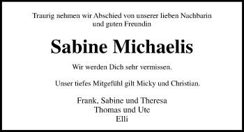 Traueranzeige von Sabine Michaelis von Lübecker Nachrichten