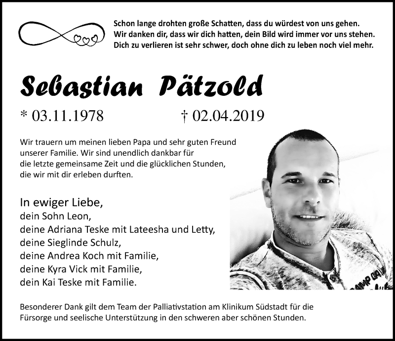  Traueranzeige für Sebastian Pätzold vom 06.04.2019 aus Ostsee-Zeitung GmbH