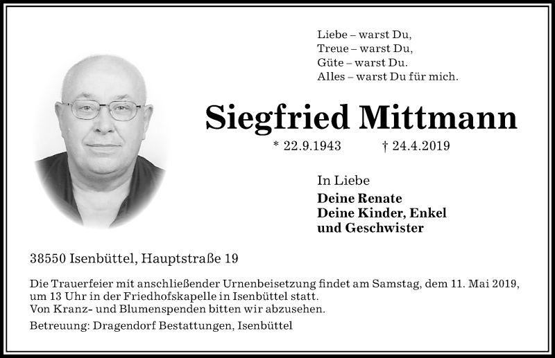  Traueranzeige für Siegfried Mittmann vom 30.04.2019 aus Aller Zeitung