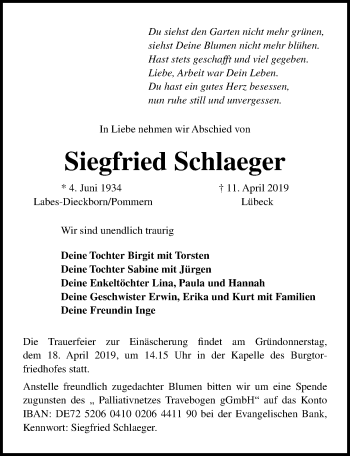 Traueranzeige von Siegfried Schlaeger von Lübecker Nachrichten