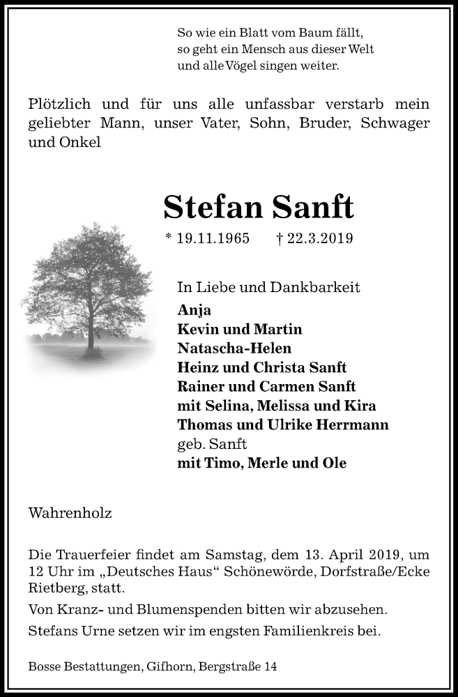  Traueranzeige für Stefan Sanft vom 06.04.2019 aus Aller Zeitung