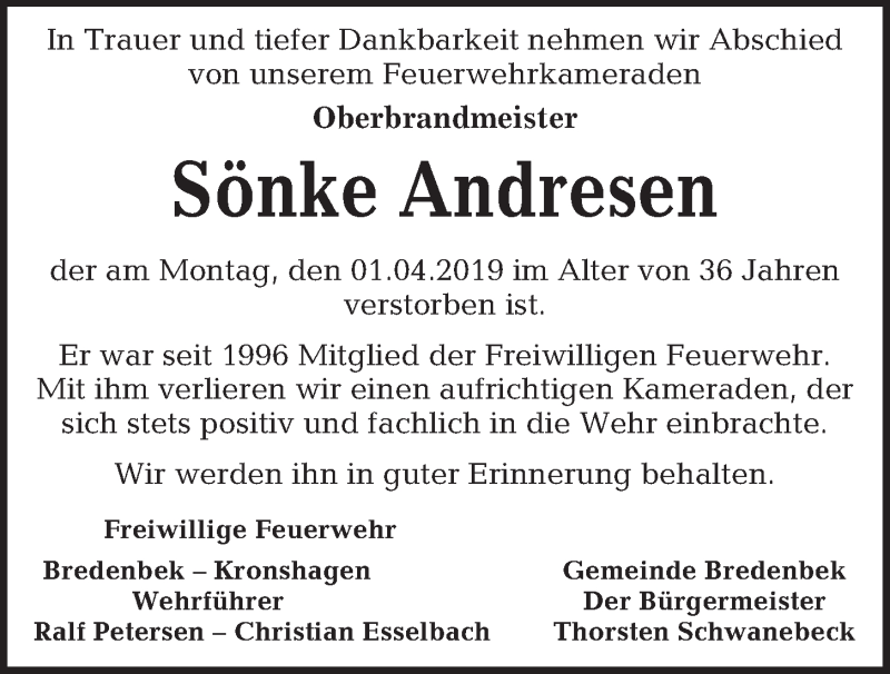  Traueranzeige für Sönke Andresen vom 13.04.2019 aus Kieler Nachrichten