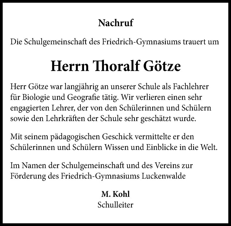  Traueranzeige für Thoralf Götze vom 13.04.2019 aus Märkischen Allgemeine Zeitung