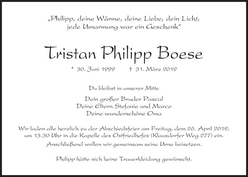  Traueranzeige für Tristan Philipp Boese vom 06.04.2019 aus Kieler Nachrichten