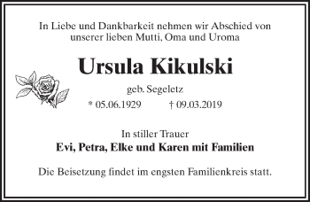 Traueranzeige von Ursula Kikulski von Märkischen Allgemeine Zeitung