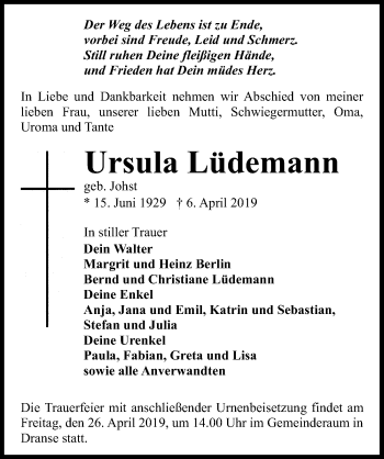 Traueranzeige von Ursula Lüdemann von Märkischen Allgemeine Zeitung