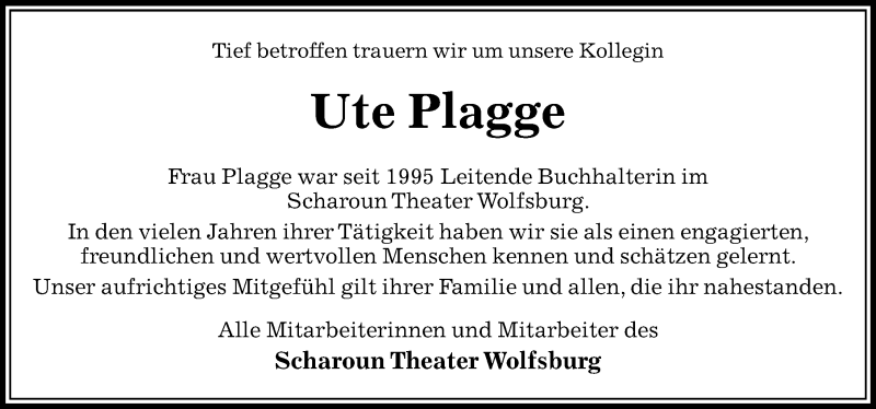  Traueranzeige für Ute Plagge vom 21.03.2019 aus Aller Zeitung