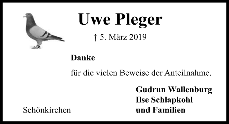  Traueranzeige für Uwe Pleger vom 03.04.2019 aus Kieler Nachrichten