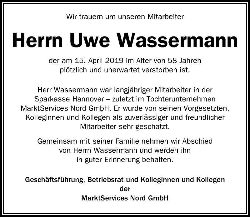  Traueranzeige für Uwe Wassermann vom 24.04.2019 aus Hannoversche Allgemeine Zeitung/Neue Presse