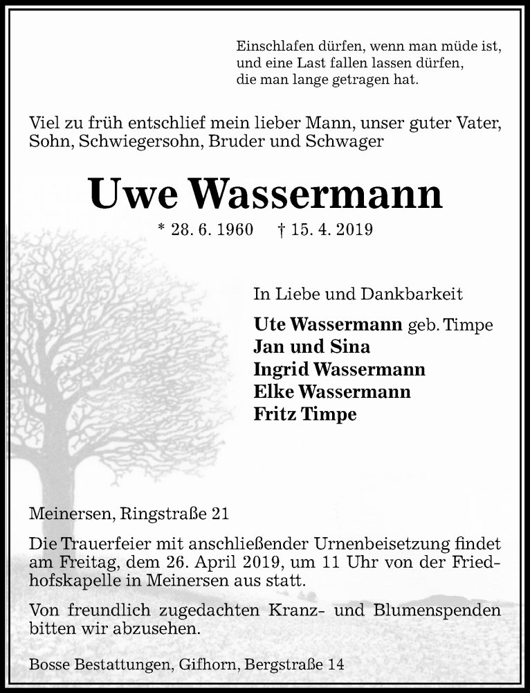  Traueranzeige für Uwe Wassermann vom 18.04.2019 aus Aller Zeitung