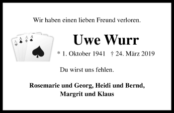 Traueranzeige von Uwe Wurr von Lübecker Nachrichten