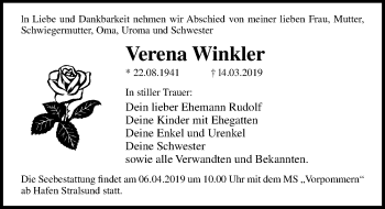 Traueranzeige von Verena Winkler von Ostsee-Zeitung GmbH