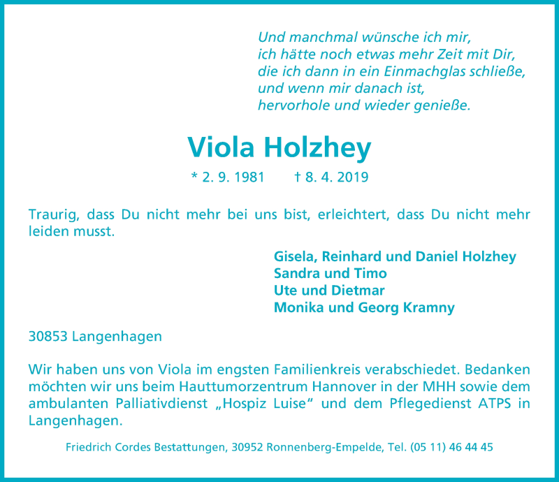  Traueranzeige für Viola Holzhey vom 13.04.2019 aus Hannoversche Allgemeine Zeitung/Neue Presse