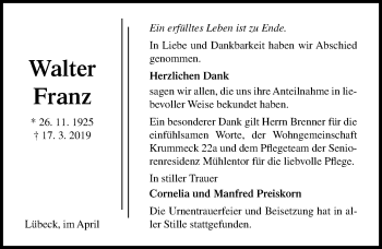 Traueranzeige von Walter Franz von Lübecker Nachrichten