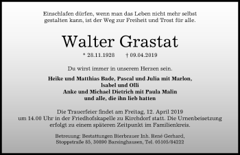 Traueranzeige von Walter Grastat von Hannoversche Allgemeine Zeitung/Neue Presse