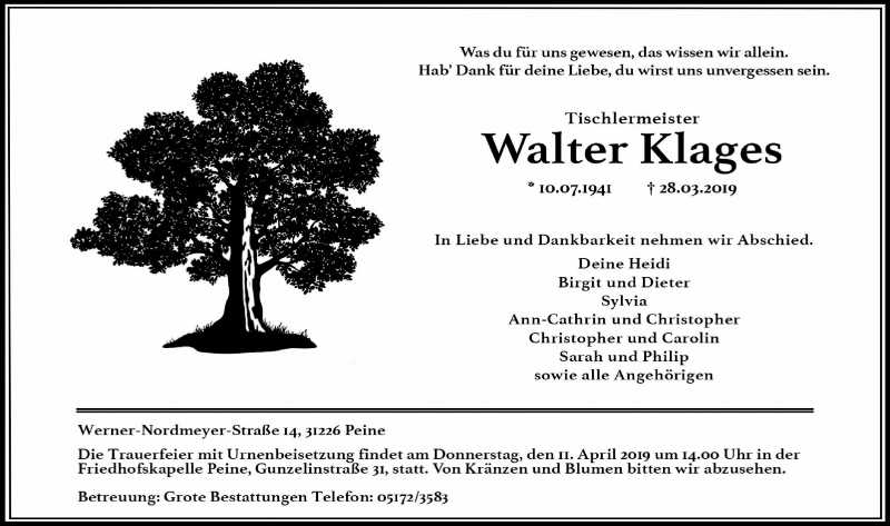  Traueranzeige für Walter Klages vom 04.04.2019 aus Peiner Allgemeine Zeitung