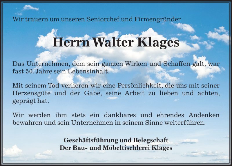  Traueranzeige für Walter Klages vom 05.04.2019 aus Peiner Allgemeine Zeitung