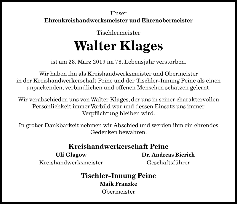  Traueranzeige für Walter Klages vom 05.04.2019 aus Peiner Allgemeine Zeitung