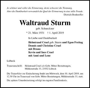 Traueranzeige von Waltraud Sturm von Lübecker Nachrichten