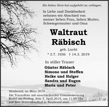 Traueranzeige von Waltraut Räbisch von Ostsee-Zeitung GmbH