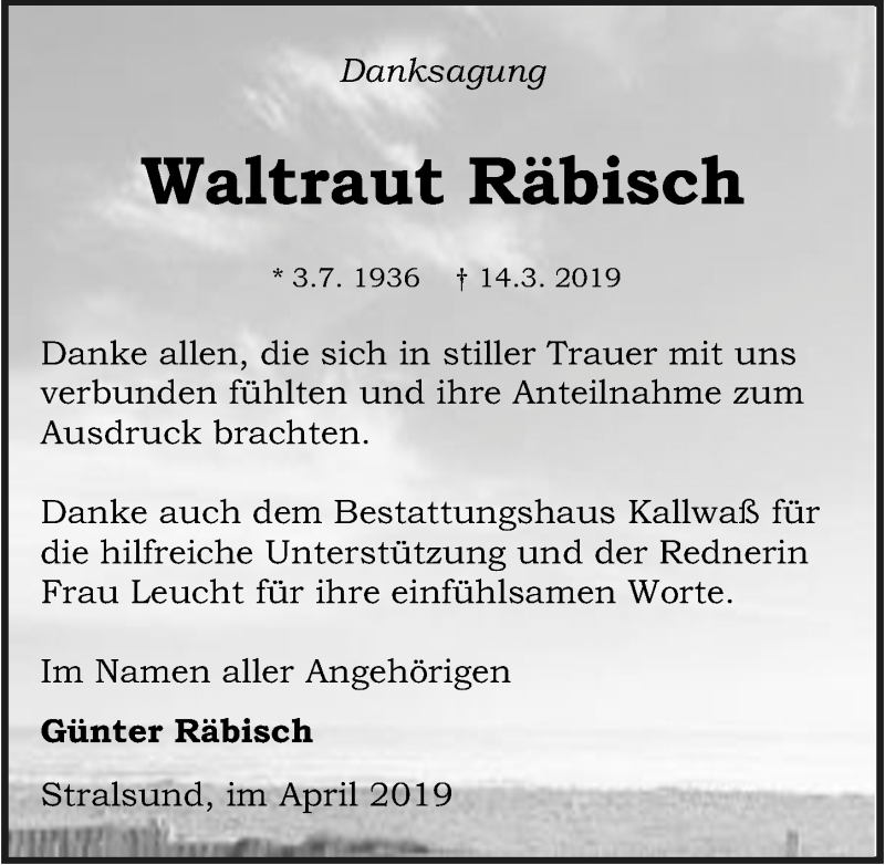  Traueranzeige für Waltraut Räbisch vom 13.04.2019 aus Ostsee-Zeitung GmbH