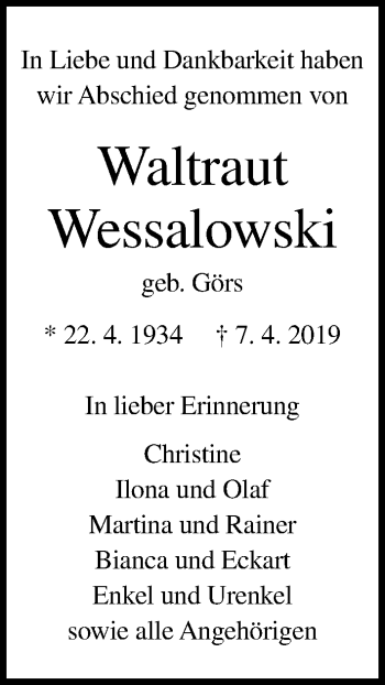 Traueranzeige von Waltraut Wessalowski von Lübecker Nachrichten