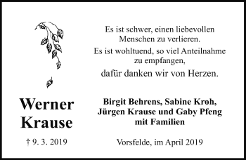 Traueranzeige von Werner Krause von Aller Zeitung