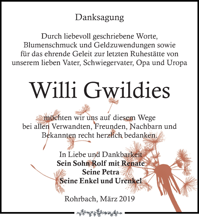  Traueranzeige für Willi Gwildies vom 13.04.2019 aus Leipziger Volkszeitung