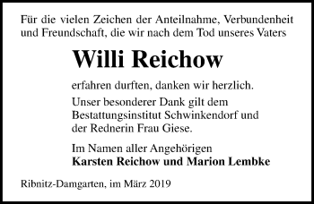 Traueranzeige von Willi Reichow von Ostsee-Zeitung GmbH