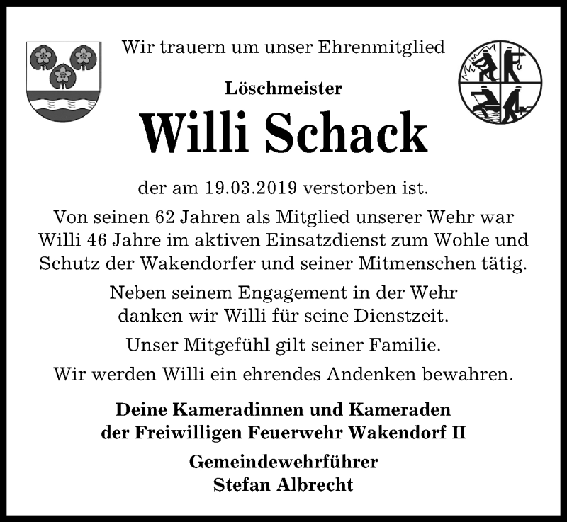  Traueranzeige für Willi Schack vom 23.03.2019 aus Kieler Nachrichten