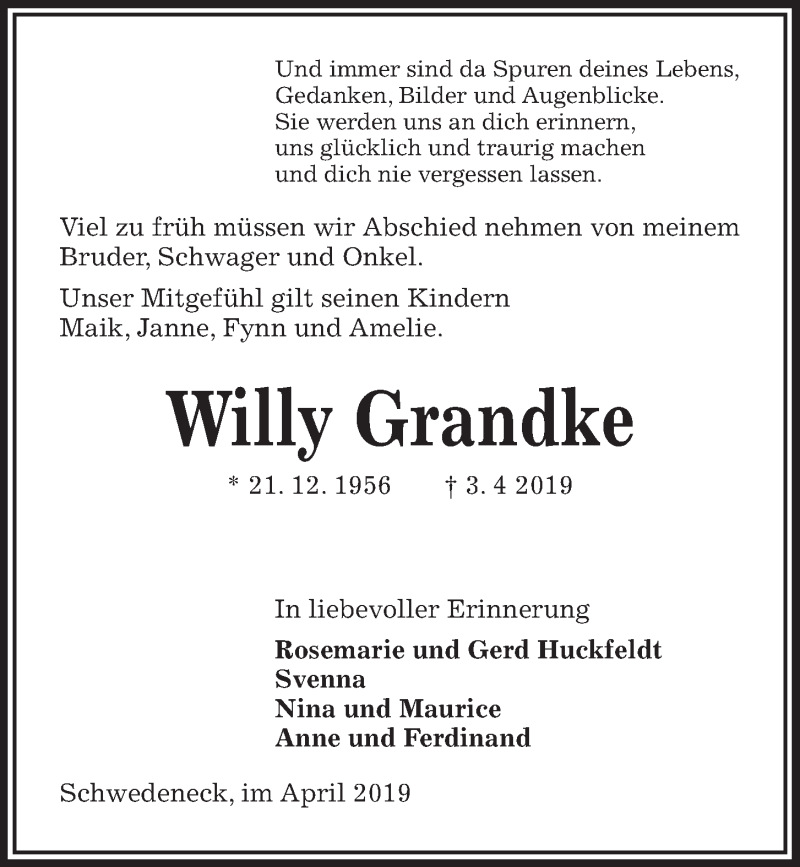  Traueranzeige für Willy Grandke vom 13.04.2019 aus Kieler Nachrichten