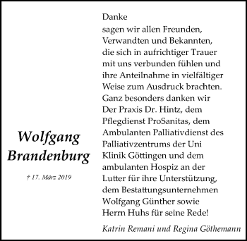 Traueranzeigen von Wolfgang Brandenburg | trauer-anzeigen.de