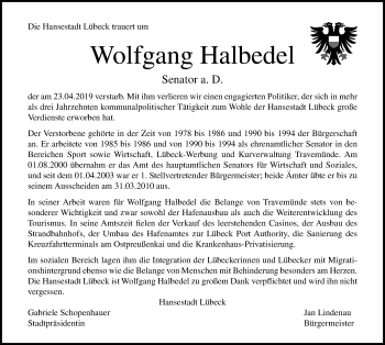 Traueranzeige von Wolfgang Halbedel von Lübecker Nachrichten