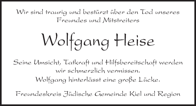  Traueranzeige für Wolfgang Heise vom 13.04.2019 aus Kieler Nachrichten