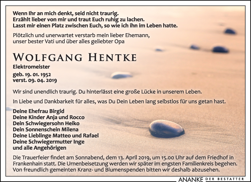  Traueranzeige für Wolfgang Hentke vom 12.04.2019 aus Leipziger Volkszeitung