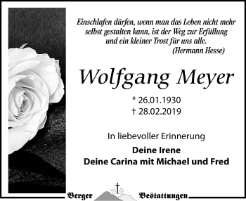 Traueranzeige von Wolfgang Meyer von Leipziger Volkszeitung