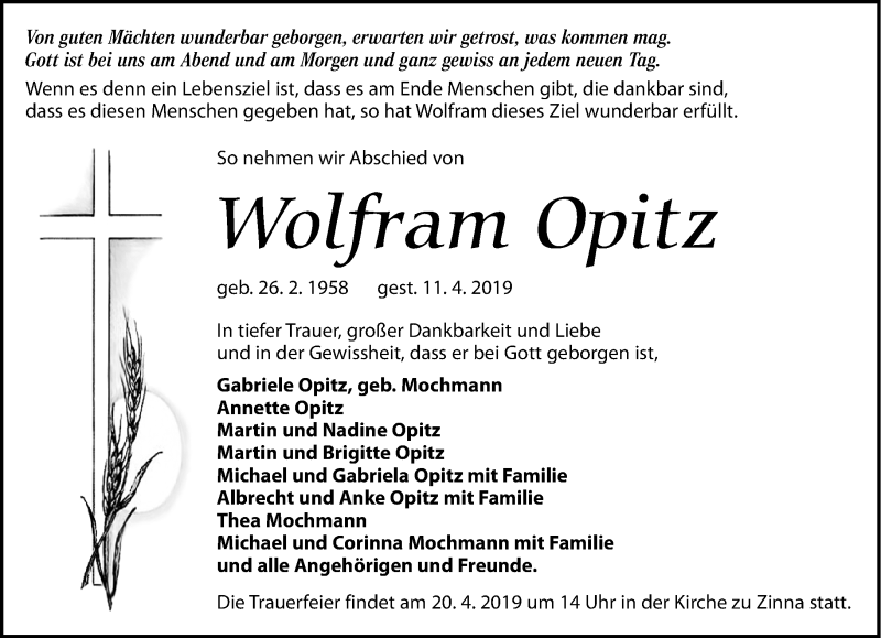  Traueranzeige für Wolfram Opitz vom 13.04.2019 aus Torgauer Zeitung