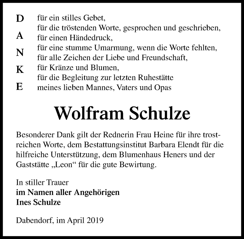  Traueranzeige für Wolfram Schulze vom 13.04.2019 aus Märkischen Allgemeine Zeitung