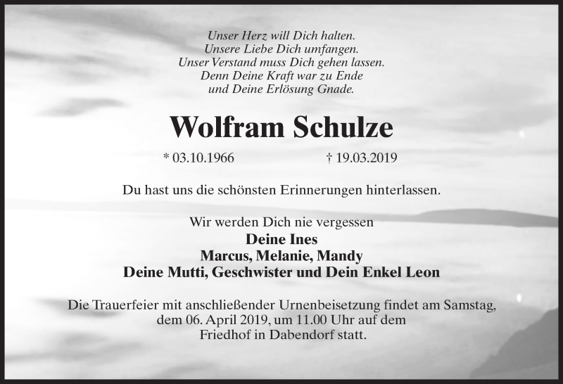  Traueranzeige für Wolfram Schulze vom 23.03.2019 aus Märkischen Allgemeine Zeitung
