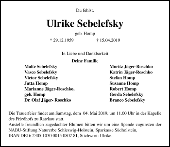 Traueranzeige von Ulrike Sebelefsky von Lübecker Nachrichten GmbH