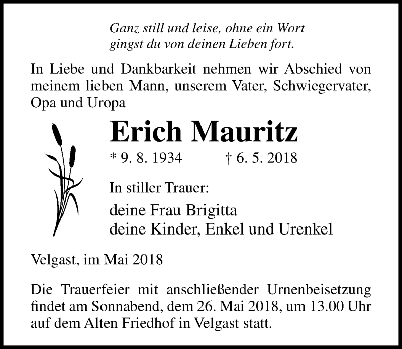  Traueranzeige für Erich Mauritz vom 12.05.2018 aus 