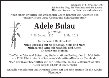 Traueranzeige von Adele Bulau von Kieler Nachrichten