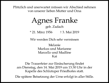 Traueranzeige von Agnes Franke von Lübecker Nachrichten