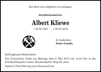Traueranzeige von Albert Kliewe von Kieler Nachrichten
